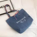 Blue denim tote bag with red gingham trim and minimalist dachshund print detail - Blue Style 1