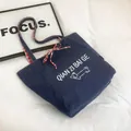 Blue denim tote bag with dachshund print and red checkered bow ribbon straps - Dark Blue Style 1