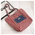 Large red and white checkered canvas tote bag with a blue denim pocket detail - Blue Style 2