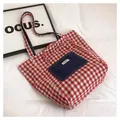 Double-sided denim stripe tote bag with red and white checkered pattern and outer pocket - Dark Blue Style 2