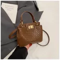 Dark brown woven texture crossbody bag with gold rectangular clasp and top handle - Woven Embossing / Brown