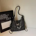Deep grey tweed tote bag with glitter finish, silver butterfly charm and pearl chain - Black