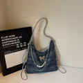 Retro denim hobo bag in dark blue with sequins, silver chains and pearl charms - Sapphire Blue