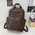 Minimalist vintage dark brown PU leather backpack with large capacity for women - Without Pendant / Brown