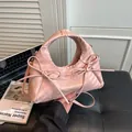Pink tote bag with decorative bows and adjustable shoulder strap for women - Pink With Pendant