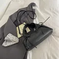 Elegant black faux leather tote bag with pleated details and stylish thin bow knots - Black without Pendant