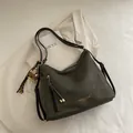 Minimalist large dark grey PU leather tote bag with a bear charm and tassel detail - With Pendant / Green