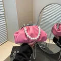 Pink pleated cloud bag with large pearl handle and silver chain strap for women - Rose Pink