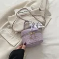 Mini light purple quilted crossbody bag with silk scarf handle and gold ball chain strap - Purple