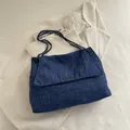 Deep blue denim texture tote bag with metal chain strap and flap cover for daily commute - Dark Blue