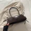 Dark coffee brown rectangular underarm bag in glossy leather with thin double straps - Coffee