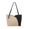 Contrast color tote bag in beige and black PU leather with curved wavy top design - White and Black