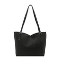 Minimalist black faux leather tote bag with V-shaped layered design and gold metal buckles - Black