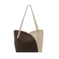 Brown and beige contrast tote bag with adjustable straps and gold metal buckles - Coffee and White