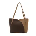 Minimalist large-capacity contrast color tote bag with brown patchwork and gold buckle - Coffee & Khaki