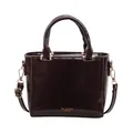 Dark brown glossy square handbag with top handles and adjustable shoulder strap - Coffee