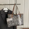 Chic snakeskin print tote bag set with matching zipper pouch and dark brown straps - Snake Black