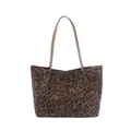 Borsa tote con stampa leopardata, manici in ecopelle color cammello e trama scamosciata - Marrone