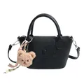 Classic black leather crossbody bag with lychee texture and cute bear pendant charm - No Pendant / Black