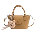 Brown vintage faux leather handbag with adjustable strap and cute bear charm pendant - No Pendant / Khaki