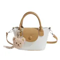 White and tan leather handbag for women with teddy bear charm and contrast straps - White & Brown