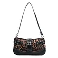 Y2K leopard print hobo bag featuring black faux leather trim and silver metal buckle - Black
