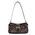 Retro leopard print baguette bag with brown leather buckle straps and silver rivets - Brown
