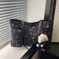 Floral tote bag set in black with pink bow prints and cloud charm accessory - With Pendant / Black