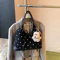 Black polka dot tote bag with leather straps and cute plush dog charm detail - With Pendant / Black