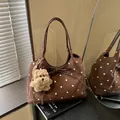 Polka dot suede tote bag in dark brown with bow detail and plush puppy charm - With Pendant / Brown