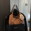 Brown polka dot tote bag with plush bear charm and ribbon bow detail in suede finish - With Pendant / Brown