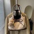 Beige suede polka dot tote bag with brown leather handles and plush puppy charm - With Pendant / Khaki