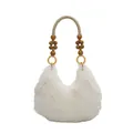 Plush white faux fur hobo bag with unique wooden bead handle for autumn and winter - White