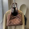 Brown polka dot tote bag with leather bow and contrast straps for daily commute style - No Pendant / Brown