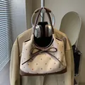 Polka dot tote bag in beige and brown with elegant bow detail and leather handles - No Pendant / Khaki