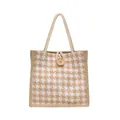 Minimalist houndstooth tote bag with large capacity and rustic wooden button closure - Khaki