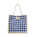 Blue houndstooth canvas tote bag with wooden button closure and cotton rope handles - Blue