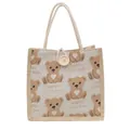 Linen tote bag with cartoon bear pattern and wooden button closure for women - Off White