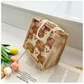 Linen tote bag with cartoon bear print and soft cotton rope handles for women - Brown