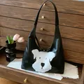 Borsa tote nera retrò in finta pelle con simpatica toppa in peluche a forma di cane - Nero