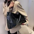 Minimalist black glossy large capacity tote bag with dual shoulder straps for daily commute - Black
