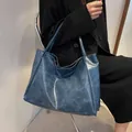 Classic dark blue oil wax leather tote bag with long strap for shoulder carry - Blue