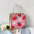 Pink canvas tote bag with strawberry print and jute sides for stylish daily use - Fresh Strawberry
