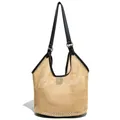 Retro large capacity hollow woven tote bag with black leather straps for women - Black