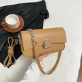 Brown lychee leather square bag with silver buckle and chain strap for women - Khaki