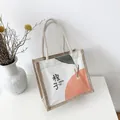 Linen canvas tote bag with orange fruit print and woven rope handles - Orange
