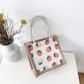 Mini linen tote bag with strawberry print and thick cotton rope handles in rural style - Strawberry
