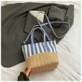 Blue and white striped canvas and straw patchwork tote bag with long strap - No Pendant / Light Blue