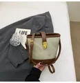 Dettaglio della chiusura dorata e rifiniture in pelle marrone su borsa a secchiello - Bianco e Marrone