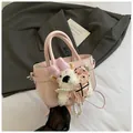 Pink PU leather tote bag detail with cute plush bear charm and silk scarf handle decor - Pink With Charm